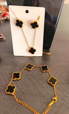 Gold & Black Clover Enamel Jewellery Set Necklace Bracelet Earrings
