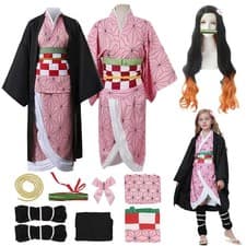 Demon Slayer Kimetsu no Yaiba Kamado Nezuko Girls Cosplay Costume Kimono Wig Set