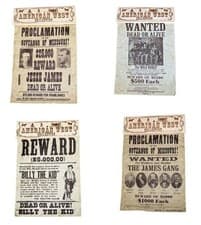 American Old  West  Outlaws A4 Size Wanted Posters Jesse James Billy The Kid New
