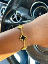 Gold Tone Black Clover Dangle Charm Chain Bracelet, Luck Theme