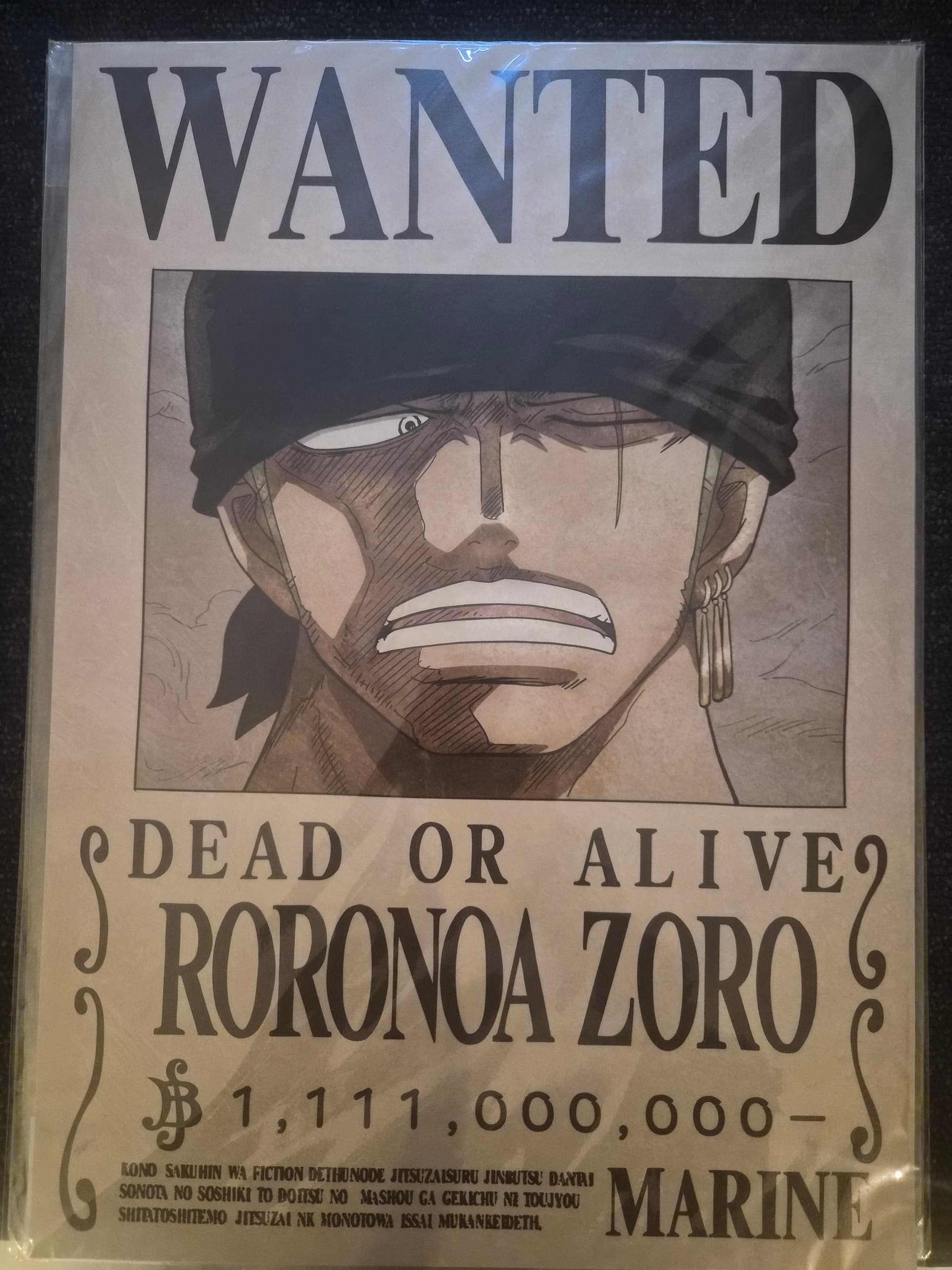  One Piece Wanted Poster — Roronoa Zoro (1,111,000,000 Berry Bounty) — Sealed