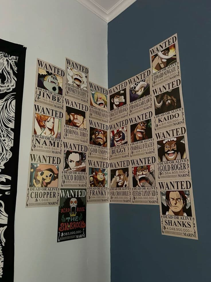 One Piece wanted poster collection arranged on a wall