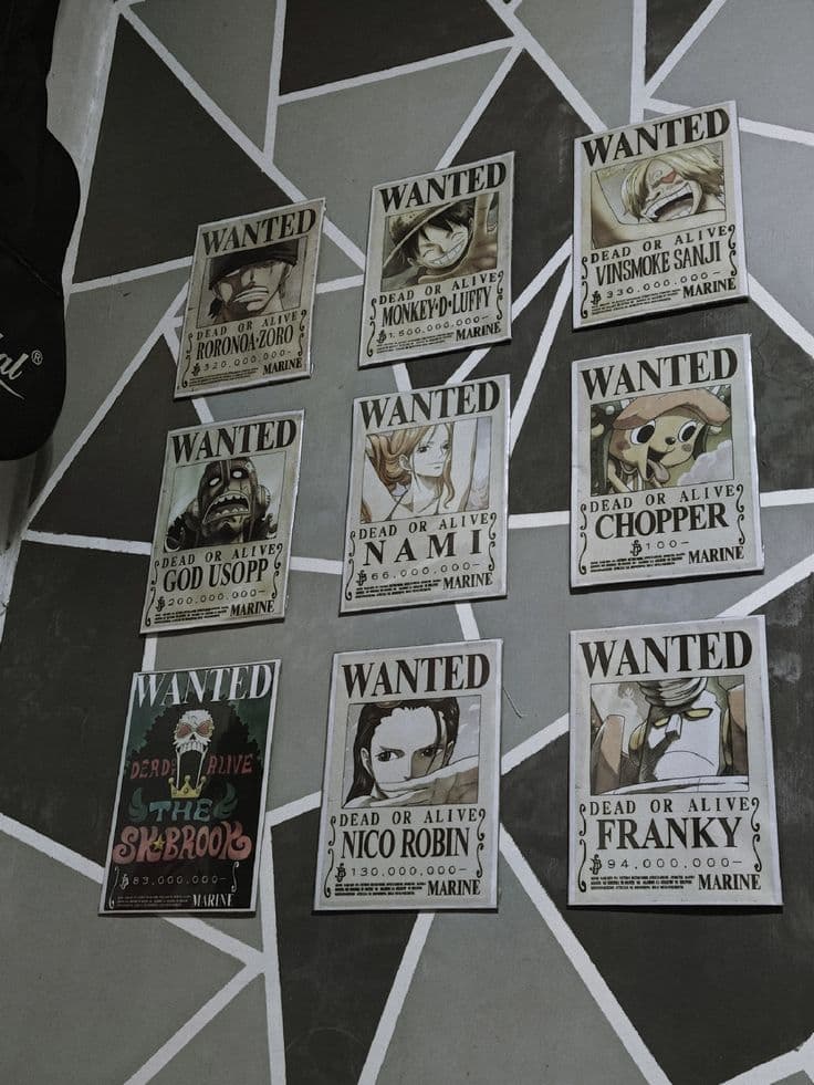 One Piece wanted posters laid out for sorting