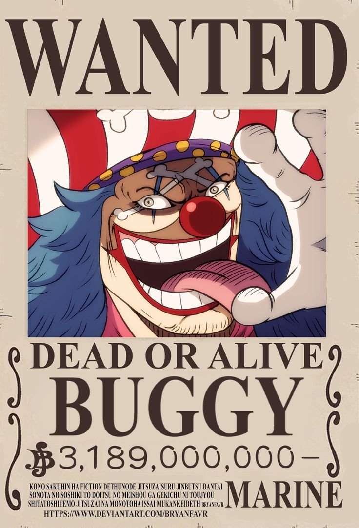 Buggy the Star Clown wanted poster, wielder of the Bara Bara no Mi