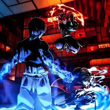 Tanjiro Kamado and Giyu Tomioka fight Akaza, Upper Moon 3, in the Infinity Castle